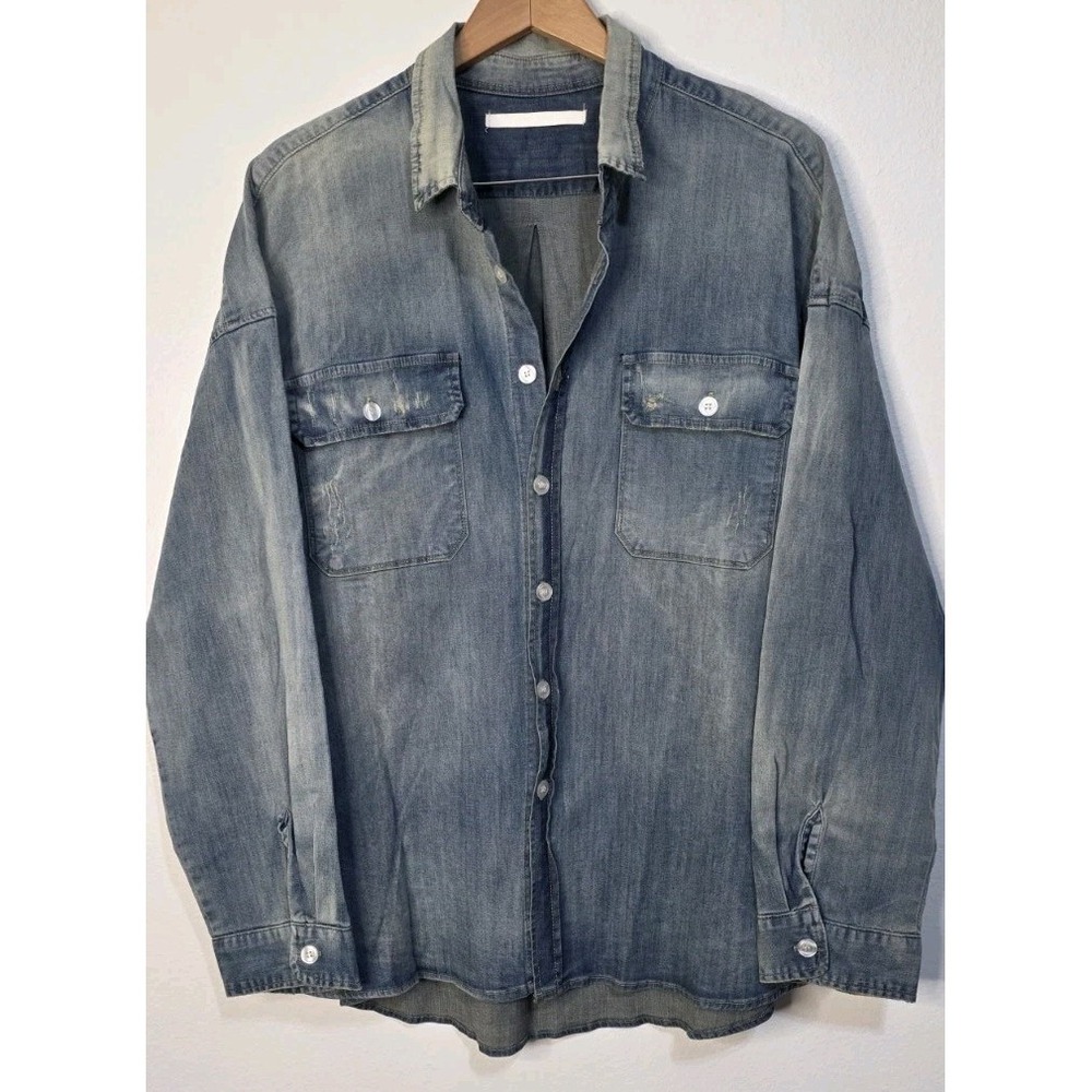New GOLDEN‎ DENIM Button Up Long Sleeve Chambray Distressed Grunge Men XL Casual